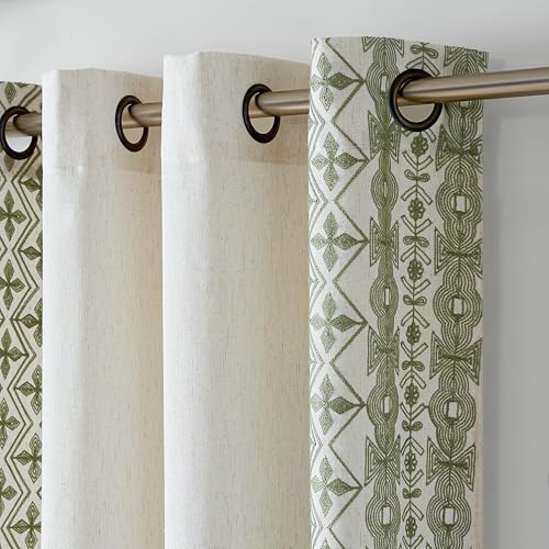 PONY DANCE Wohnzimmer Vorhänge Leinen Boho Ösenvorhang 2er Set H 245 x B 140 cm Creme+Stickerei-Salbeigrün, Leinenoptik Gardinen mit Stickerei Semi-Sheer Linen Curtains for Living Room