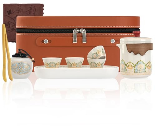 Mulaibdin Chinese Tea Set Travel, Kung Fu Tea Set for Adults, Japanese Tea Set Traditional with Bag, Portable Teapot and Cup Set with Tray, Porcelain Tea Set with Infuser for Outdoor,Gifts