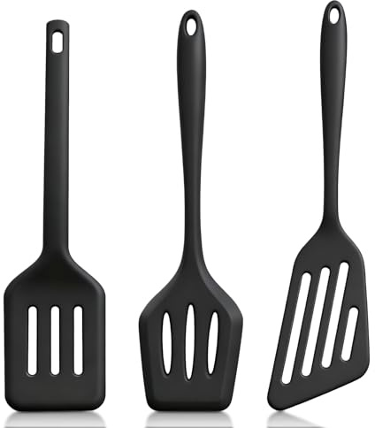 Lahnaokfis 3 Pcs Espatulas Silicona Cocina, Espátula Antiadherentes Resistente al Calor, Utensilios Cocina para Servir, Freir, Cocinar Huevos, Peacado, Verduras, Tortitas, Sin BPA, Ergonómico, Negro