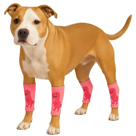 LovinPet Hunde-Kniebandagen im Dinosaurier-Stil, Beinstulpen für mittelgroße und große Hunde, 4-Wege-Stretch, Anti-Leck-Abdeckung, warme und bequeme Passform, Einheitsgröße, Rosa / Rot, 4 Stück