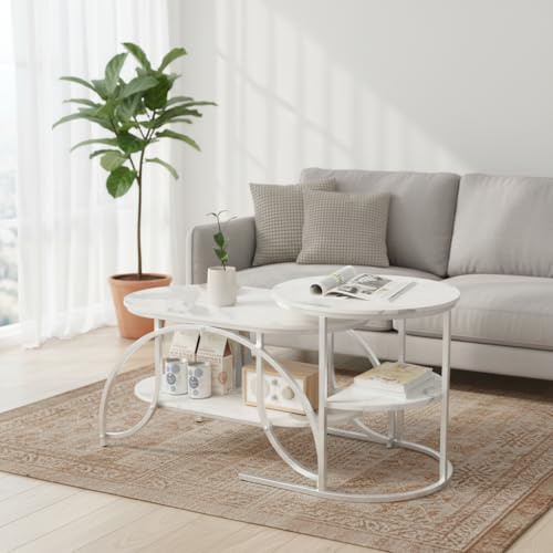 2er Set ausziehbar Couchtisch, rund und oval, Modern Bstapelbar eistelltische Wohnzimmertisch mit Stauraum und Marmoroptik Metallgestell Tisch Wohnzimmer Sofatisch (Silberne Beine + weiße Platte)