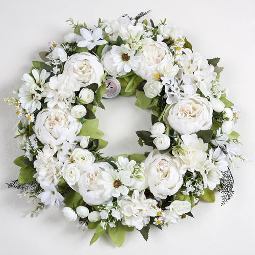 Peony Wreath 18'' Spring Wreaths for Front Door, Artificial Large Floral Wreath for Front Door Wall Decor, Valentine’s Day Home Wedding Housewarming Gift EZsenses (White)