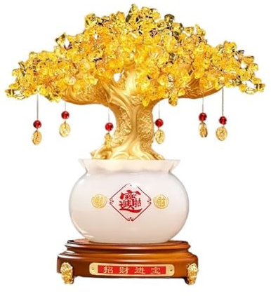 Natürlicher Citrin groß, Bonsai Feng Shui Geldbaum für Home Office Schreibtisch Kristall Dekor Weihnachtsschmuck Kristallbaum,