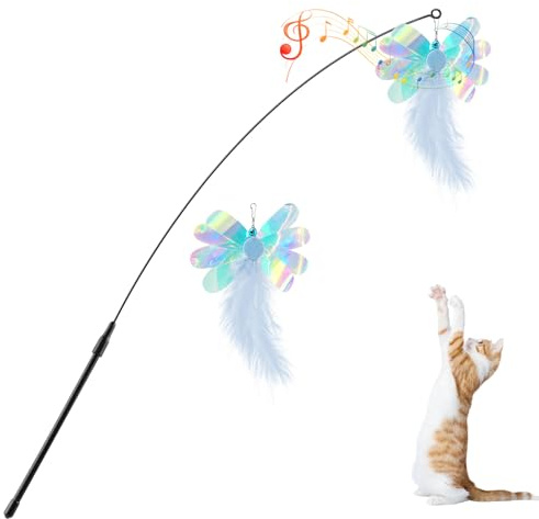 Pawaboo Katzenspielzeug Interaktives Katzenangel Katze Spielzeug Katzen | Spielstab Katzenspielzeug-Stab mit 2 Stück Federn und 88cm Stab und Glocken für Kätzchen oder Katze, Blau Schmetterling
