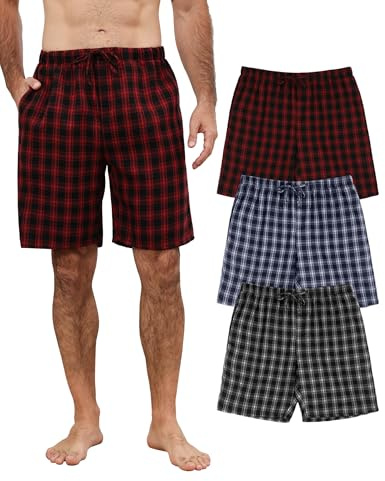 TeJoyce 3 Piezas Pantalones Cortos de Pijama para Hombre Algodón, Shorts de Cuadros para Verano, Suave y Cómodo Pantalón Corto con Bolsillos, Finos y Ligera Bermudas para Dormir (Burdeos, XL)