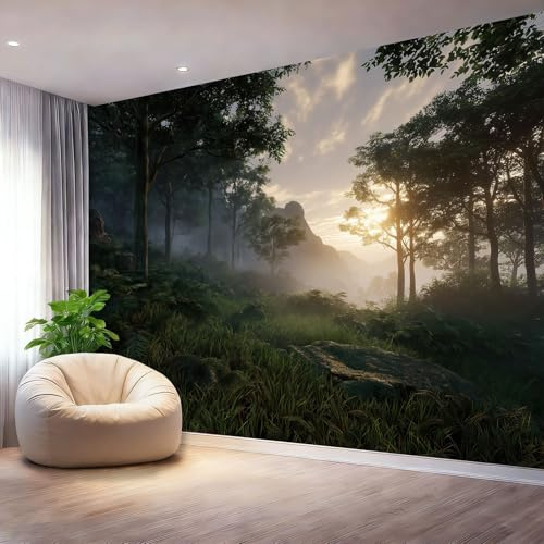 Papier Peint Panoramique 3D intissé 200 x 140 cm Vert Forêt Rétro, Papier Peint pour Salon Chambre restaurant Chambre d’enfants et bébé Décoration Murale