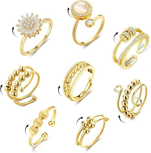 DASHUI 8 Stück Anti Stress Ring, Anxiety Ring Gold, Verstellbare Stressring für Damen Herren