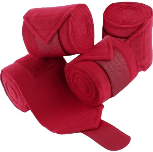 Vestamore Set di 4 fasce per cavalli, in pile, 200 cm, traspiranti, per proteggere le gambe, vestibilità sicura, lavabili in lavatrice, rosso