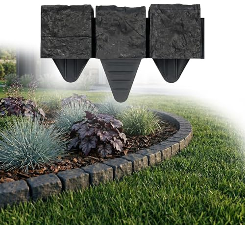 GARDENIX Rasenkante 1.8 m Granit Pflastersteine Optik Anthrazit 10x10x10cm – Beeteinfassung Beetumrandung Beetbegrenzung aus Kunststoff, Gartenzaun Beetzaun Blumenbeet Umrandung