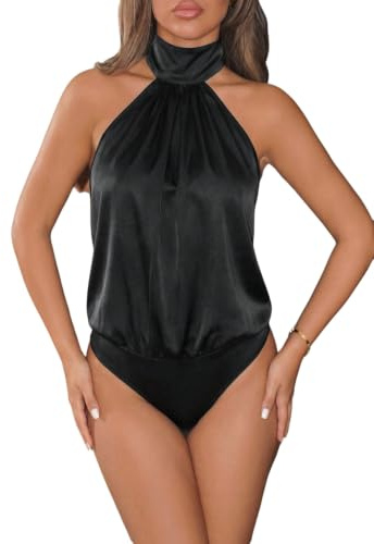 GORGLITTER Dam elegant bodyneck bodysuit satin blusbody ärmlös bodies rygglös sommarbody sommarkläder, svart, M