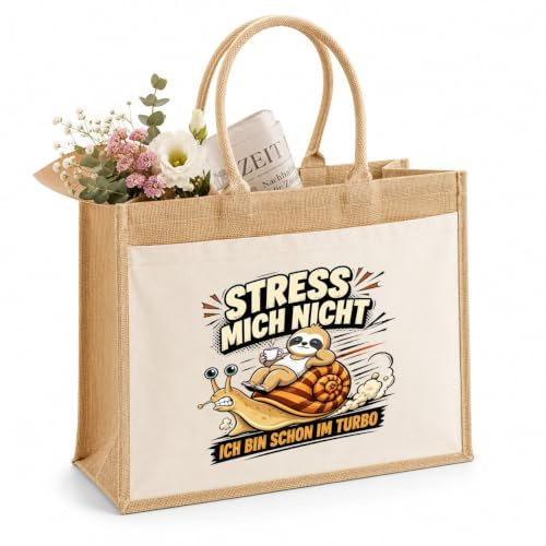 LIEBTASTISCH® Jutetasche Stress mich nicht ich bin schon im Turbo - Stofftasche Beutel bedruckt mit Spruch lustig Faultier - Geschenk für Frauen Damen Freundin Mama - Einkaufstasche Shopper groß