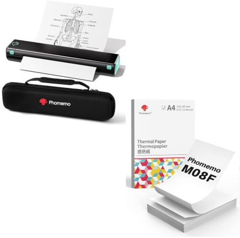 Phomemo M08F A4 Tragbarer Drucker Schwarz Grün mit Schutzetui & 200 Blatt Gefaltetem A4 Thermopapier, kabelloser Bluetooth Mobildrucker für Reisen, Auto, Büro und Zuhause