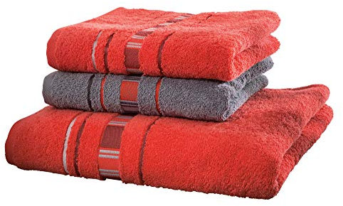 Erwin Müller Frottier Handtuch-Set, Frottier-Set - Achern - 2 Handtücher und 1 Duschtuch - beidseitige Schlaufen - strapazierfähig - voluminös - rot/grau - 100% Baumwolle - 500g/m²