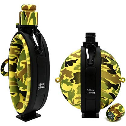 goooods Bottiglia d'Acqua Pieghevole, scaldabagno Portatile in Silicone per Mensa Stile Militare con Bussola incorporata, moschettone e Cinghia per Il Trasporto, Senza BPA, 580mL (Giallo)
