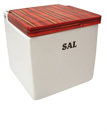 SALERO Sal Cuadrado Porcelana Blanco Letrero Sal BISAGRA Tapa Madera DECOPAUGE Bambu