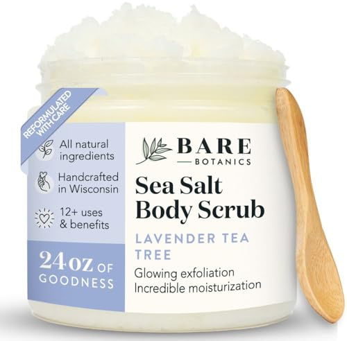 BARE BOTANICS Körperpeeling (Lavendel Tee Baum) – Sanftes Peeling & Super Feuchtigkeitscreme | Ganz natürlich, nicht fettend, keine synthetischen Duftstoffe, keine Nussöle | Salzpeeling
