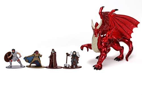 Jada Toys Dungeons & Dragons 5-er Set Deluxe, Nano Sammelfiguren aus Die-Cast, Human Fighter, Tiefling Paladin, Drow Elf Rogue, Dwarf Cleric, Young Red Dragon, Spielzeugfiguren, 5 Stück/Set, 4 cm