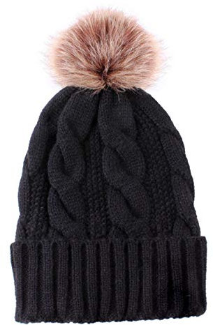 feifanshop Damen Warme Beanie Strickmütze, Feinstrick Mütze doppelt gestrickt, Winter Slouch Strick Beanie Kunstfell Bommel Strickset Beanie mit Fellbommel Bommelmütze Wintermütze (Schwarz)