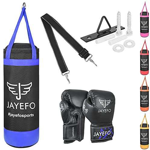 Jayefo Kids Punching Bag Set - 5 pcs Childrens Punch Bag and R-6 Gloves Set for MMA, Kickboxing, Muay Thai & Karate, Adjustable Length Hanging Straps Include | Best Gift for Kids Immunity