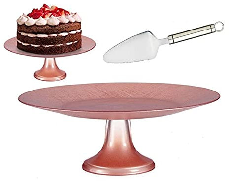 Tartera vidrio 33cm con pie rosa pastel - plato para portres de cristal con pie y Pala Tartas Acero Inoxidable