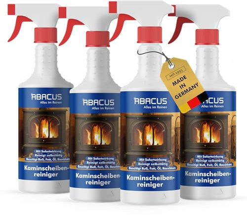 ABACUS® Kaminscheibenreiniger 4x 750ml – entfernt kraftvoll Ruß, Teer & Rauchharz – zum streifenfreien Reinigen von Kaminscheiben, Ofenglas & Kaminglas – effektiver Ofenreiniger (7741.4)