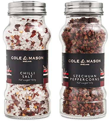 Cole & Mason HFSP165 Aromática Juego de Recambio de Sal y Pimienta Premium, 135mm, Sal de Chile/Granos de Pimienta de Szechuan, Vidrio/Acero Inoxidable, 2 x Tarros, Caja de Regalo