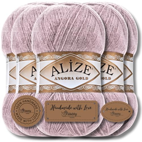 Hobby YARN 3x Etikettenlabel mit Alize Angora Gold Wolle Premium 5x100g als Set, Yarn, Garn, Dünne Mohair aus Schurwolle, Uni, Einfarbig, Strickgarn (Rose Grey - 163)