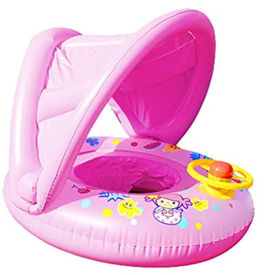Ghzste Uppblåsbar simbassäng för baby, uppblåsbar flytring för baby, småbarn, pool, uppblåsbar simring för baby, simring med ratt och markis, Rosa