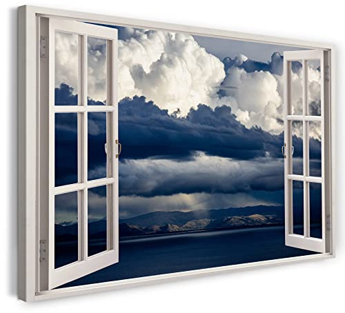 Printistico Bilder Fensterblick 100x70cm Baumwoll-Leinwand auf Keilrahmen mit Aufhänger moderner Kunstdruck XXL Wandbilder Wand-Dekoration Himmel über See Wasser Berge Wolken Natur - Natur-Fotografie