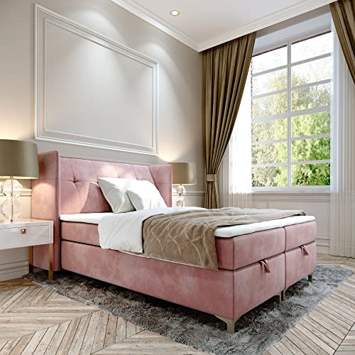 FURNISTAR Boxspringbett Doppelbett LIND - 120x200cm Bett mit Bonellmatratze, mit Bettkasten für Bettwäsche und Topper. EIN Bett mit einem klassischen, konturierten Kopfteil (Velvet 63, 120x200)