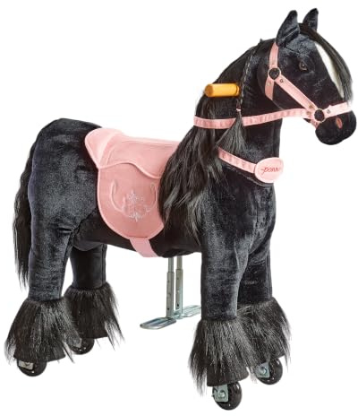 PONNIE Caballo de Juguete con Ruedas Ebony S para Niños 3–6 Años (30 kg) – Caballo para Montar sin Baterías – Caballo Mecánico de Peluche – Altura 87 cm – Silla Rosa Desmontable