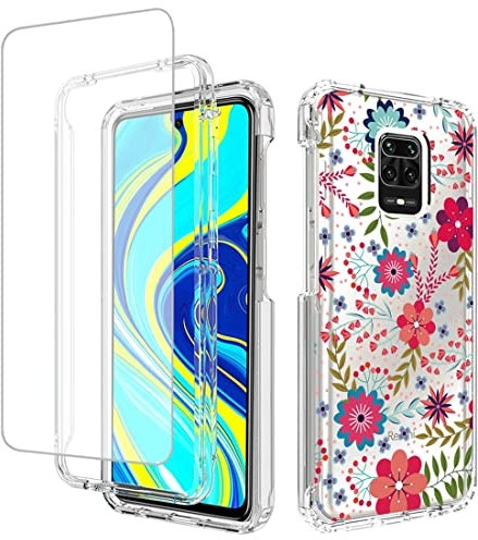 Jhxtech Funda para Redmi Note 9 Pro/Note 9 Pro Max/Note 9S/Poco M2 Pro/Redmi Note 10 Lite con protector de pantalla de vidrio templado, funda protectora de cuerpo completo floral transparente para