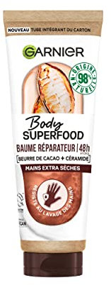 Garnier Body Superfood - Baume Mains Réparateur 48H au Beurre de Cacao & Céramide - Formule Vegan à 98% d'Ingrédients d'Origine Naturelle - Pour Mains Extra Sèches - 75 ml