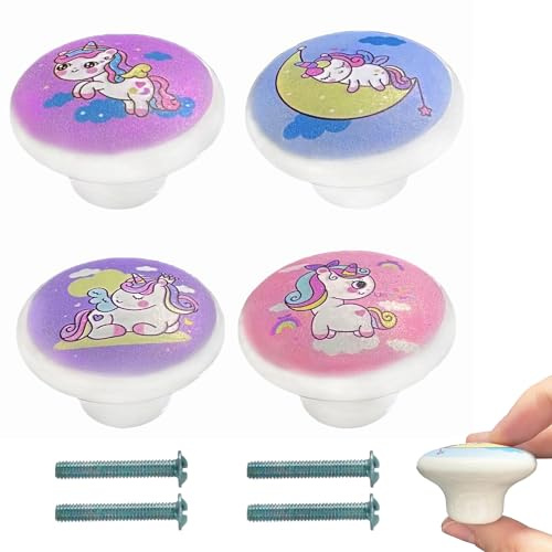 ZFKXGS 4 Stück Einhorn Möbelknöpfe Kinder Vintage Keramik Schrankknöpfe Runde Schubladenknöpfe Türknöpfe Türknauf Schubladenknauf Türgriffe Küche für Kommode Kinderzimmer Holz Schränke Wohnzimmer