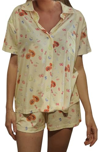 Damen 2 Stück Pyjama Set Cute Fruit Floral Printed Shirt Pant Sets Holiday Loungewear Nightwear