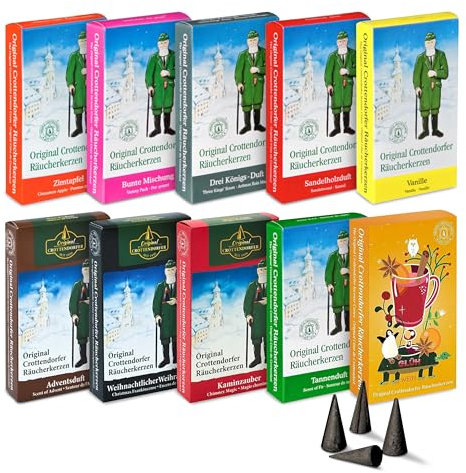 Crottendorfer Räucherkerzen 10er Pack (10 x 24 Stück) – Kaminzauber, Tannenduft, Weihnachtlicher Weihrauch, Zimtapfel, Adventsduft, Sandelholzduft etc. – Höhe 2,7cm, Ø 1,2cm – 15 Min. Brenndauer