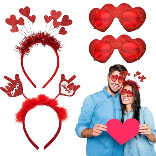 Rotes Herz Haarreif Amor Kostüm Damen Love spalmen-Stirnband Amor Kostüm Herz Pailletten Amor Haarreif Mit roten Herz Brille für Valentinstag Cupid Dekoration Hochzeit Karneval Geburtstag Party
