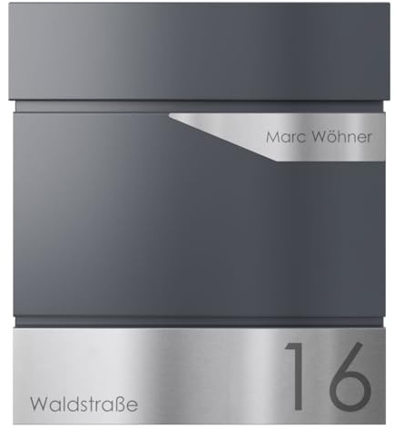 Briefkasten Manufaktur Design Briefkasten Kant mit Zeitungsfach - Avantgarde 1 individuell mit Ihrem Namen, Straße & Hausnummer (RAL 7016 anthrazitgrau)