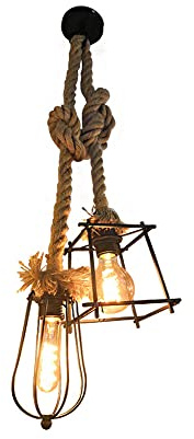 UNbit Vintage Adjustable Chandelier Industrial Metal Cage Sceiling Light Personality Creative Lamps Wrought Iron Hemp Rope Hanging Lantern Fixture Light