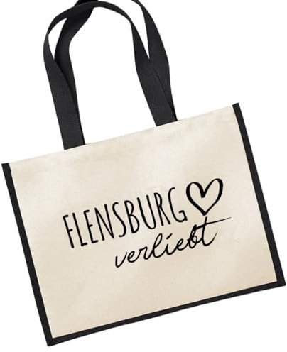 Huuraa Jutetasche Flensburg verliebt Geschenk 21 Liter Black Jute und Baumwolle Einkaufstasche Flensburg Geschenkidee