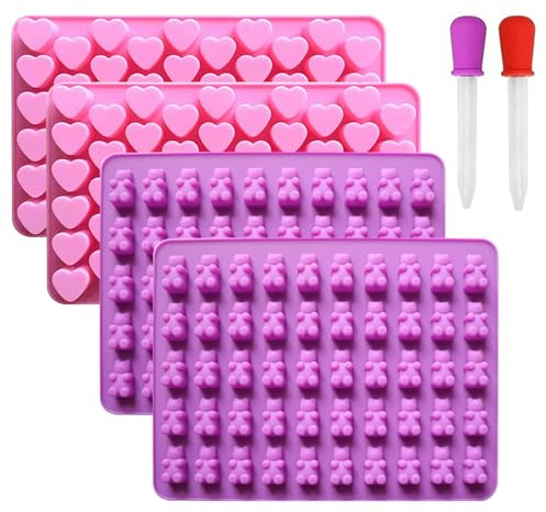 Silikon Süßigkeiten Formen, 4 Stück Süßigkeiten Backform, Mini Silikonformen, Gummibärchen Form, Herzform, Weichgelee Form, Schokoladenform mit 2 Tropfern