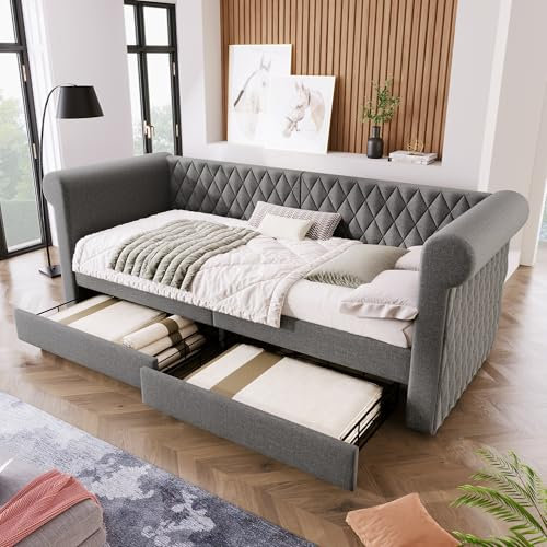 Dolamaní Moderne Spitzenklasse Schlafsofa 90x200 cm mit 2 Schubladen, Bettgestell mit Lattenrost aus Holz, Linenstoff Tagesbett Sofa mit Kreatives Design Polster Kopfteil (Grau)