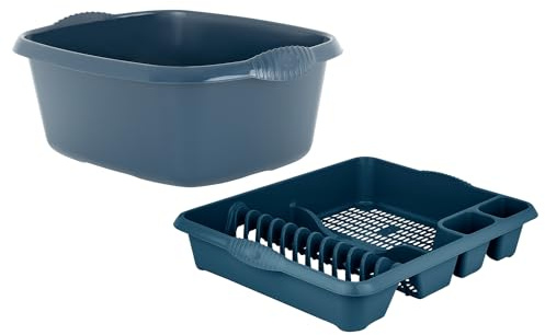SET OF 2 Large Rectangular Washing Up Bowl with large Dish Drainer For Kitchen Utensils - (Midnight Navy)
