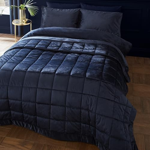 Catherine Lansfield Kingsley Matt Velvet Quilted 220x220 cm Bedspread Navy Blue