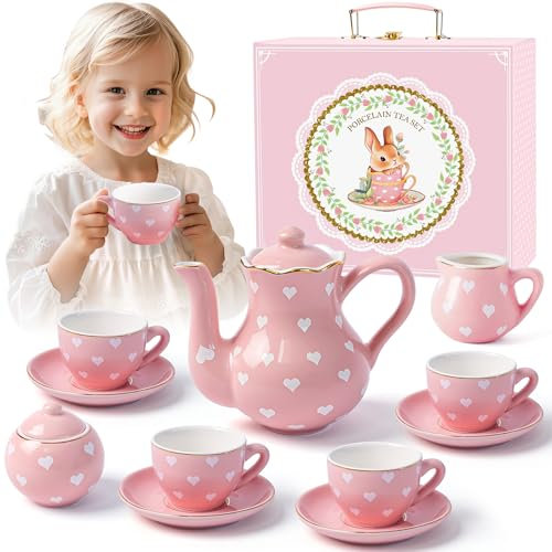 Toylink Rosa Teeservice Kinder Porzellan Tee Set Geschenke Mädchen 3 4 5 6 7 Jahre, Porzellan Teekanne Set mit Teetassen Zuckerdose Milchkännchen Tragekoffer Puppengeschir Tee Party Spielzeug Geschenk