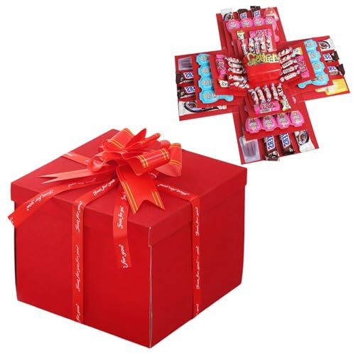 Pasdrucn DIY Explosionsbox Geburtstag Mit Spardose Und Geldbeutel, Geschenkbox Explosionsbox, Geschenkboxen Für Süßigkeiten (Rot)