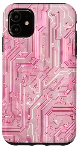 Coque pour iPhone 11 Motif carte mère circuit rayé Art déco rose