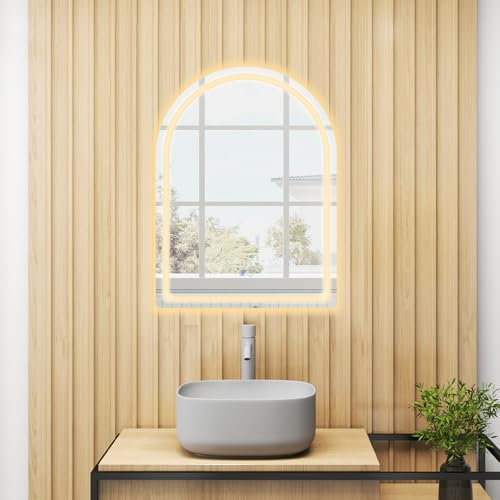 COSTWAY LED-badrumsspegel med belysning, 60 x 80 cm, badrumsspegel, anti-dimma, väggspegel dimbar med touch-strömbrytare och minnesfunktion, LED-spegel hängande spegel för badrum (båge)