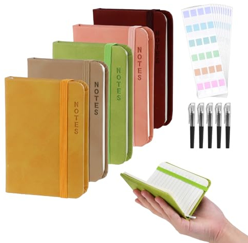 Mulaibdin 5 Stück Notizbuch Klein, Notizbuch A7 mit Stift, Kleines Notizblock Leder mit Haftstreifen, Mini Notizblock Hardcover, Notizbücher Taschen für Büro,Schule,Memo,Field Notes,Reise,Tagebuch (A)