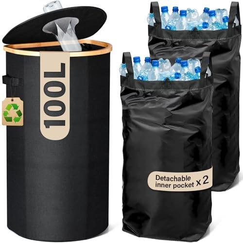 Gigmeta Pfandflaschen Sammelbehälter & Flaschensammler, 100L Behälter Leergut & Altglas Aufbewahrung mit 2 Tragetaschen, Schwarz mit Loch für Küche
